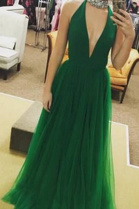  Plunging Neck Long Green Prom Dress with Criss-cross Back Strings