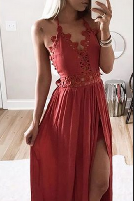 Sexy A-line Prom Dress Dark Red Prom Dresses Lace Bodice Side Slit Chiffon Evening Dress Formal Dress