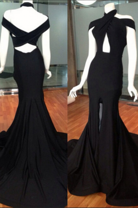 Sexy Prom Dress Halter Black Fit To Flare Maxi Fashion Dress