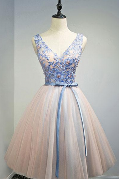 Pink V Neck Tulle Lace Appplique Short Prom Dress, Homecoming Dress