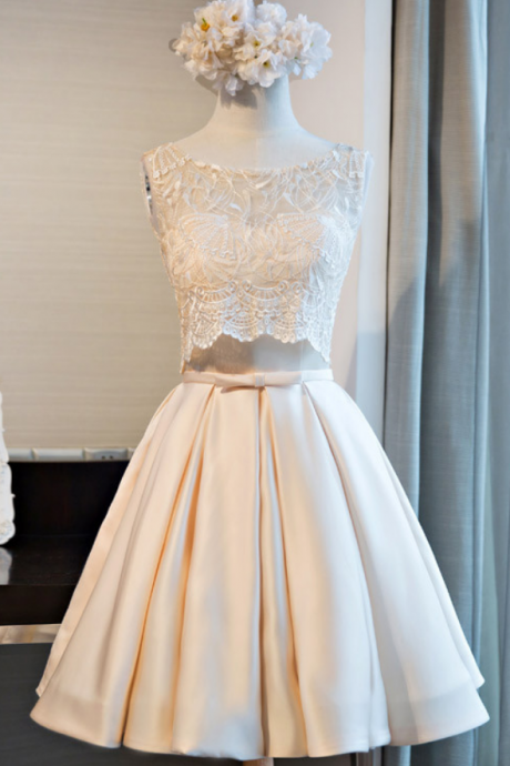 Custom Made White Two- Piece Short Lace Cropped Top Prom Dress With Satin Skirt