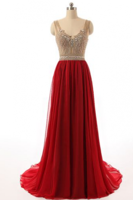 Elegant V Neck Red Beaded Bridesmaid Dresses, Beautiful Floor Length Backless Chiffon Prom Dresses Wedding Party Dresses Formal Gowns