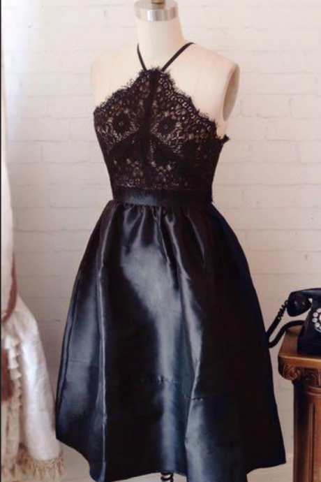 lace up, black, A-line, satin, high neck, with zipper, for teens, short homecoming dresses, prom dresses