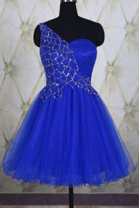 Royal blue one shoulder tulle short homecoming dress, sweet 16 dress, short prom dress, wedding party dress,junior bridesmaid dresses
