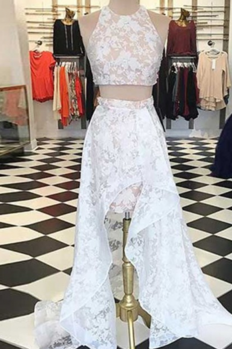 A lines White Homecoming Dresses Open Back Sleeveless Lace Jewels Asymmetry Homecoming Dress