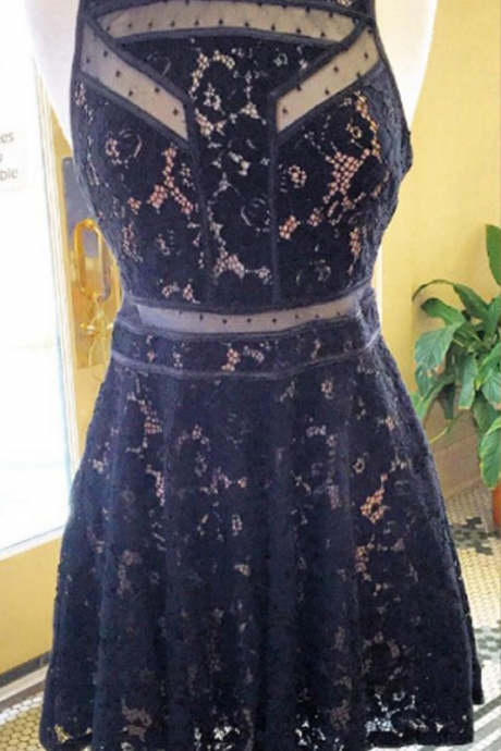  Aline Navy Homecoming Dresses Zipper-Up Sleeveless Lace Jewels Above Knee Homecoming Dress