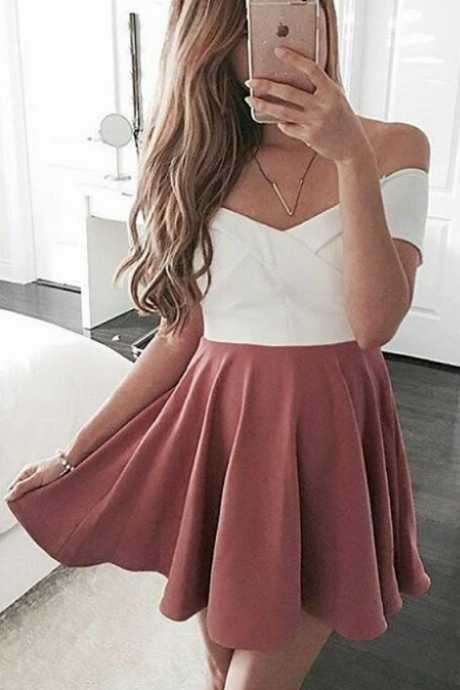 Simple A-line Off-the-shoulder Satin Short Homecoming Dress With Pleats