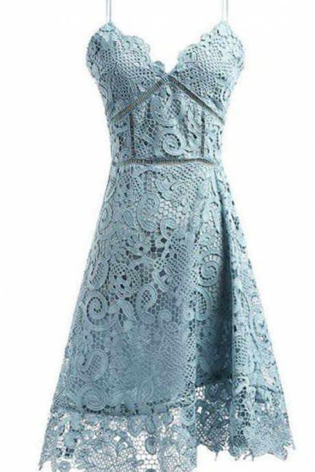 Homecoming Dresses Blue Sleeveless Lace/satin Zippers Lace Knee-length Spaghetti Straps Aline