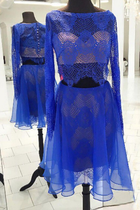 Homecoming Dresses Royal Blue Long Sleeves Organza Zippers Lace Above Knee Bateau A Line