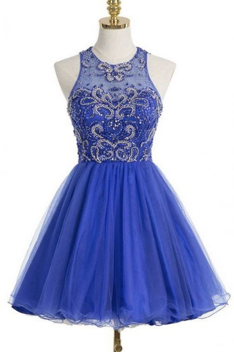  Tulle Homecoming Dresses Sky Blue Homecoming Dresses A Line Sleeveless Jewels Hollow Beadings Above Knee
