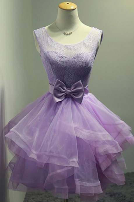 Purple Homecoming Dresses Open Back Sleeveless Empire O-neck Above-knee Lace