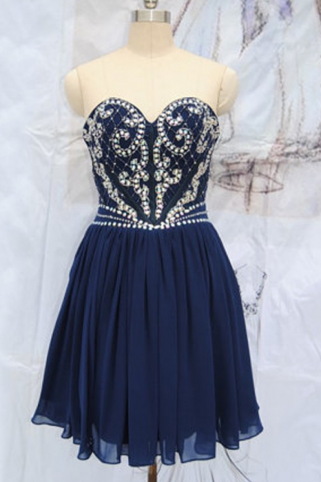 Sleeveless Blue Homecoming Dresses A Line Beadings Mini Sweetheart Neckline Zippers A Line