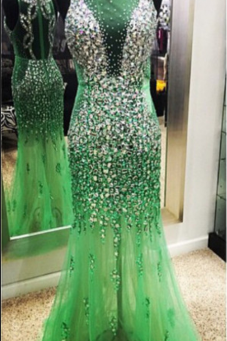 Mermaid High Neck Green See Through Long Tulle Prom Dresses,evening Dresses