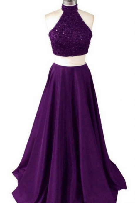 Two Pieces Long Beaded Purple Beauty Prom Dresses