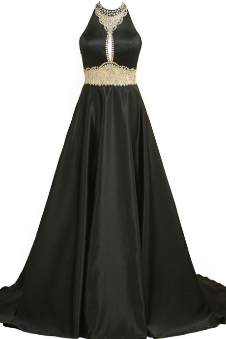 Women's High Neck Satin Prom Dresses With Beading And Rhinestones Long A-line Evening Dress