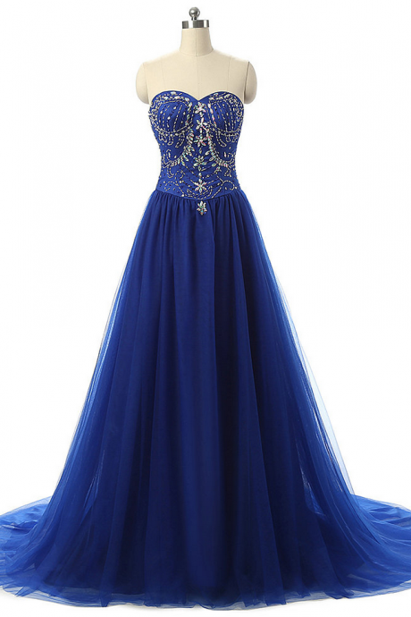 Prom Dresses , Royal Blue Beading Tulle Long Prom Dresses,pretty Sweetheart Evening Dresses,custom Formal Prom Dresses