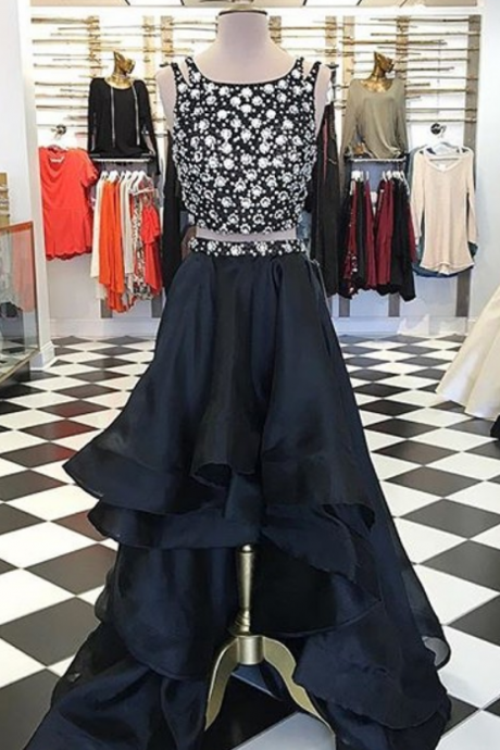 Black Sleeveless Beaded Two-piece High-low Ruffle Prom Dress, Evening Dress