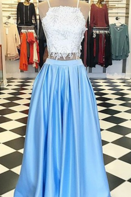 Modern Light Blue Square Floor-length Two Piece Prom Dress With Beading Lace