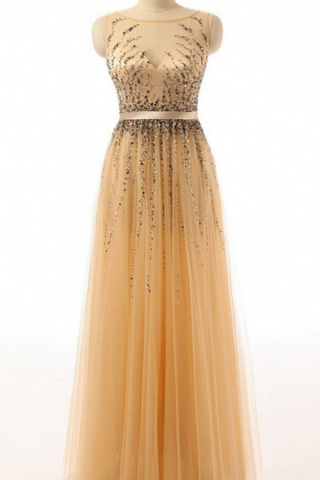 Beaded Gold Long Cap Sleeves Modest Prom Party Dresses