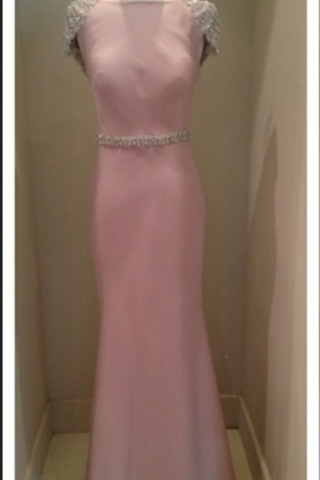 Pink Chiffon Prom Dresses Scoop Neck Beaded Women Prom Dresses