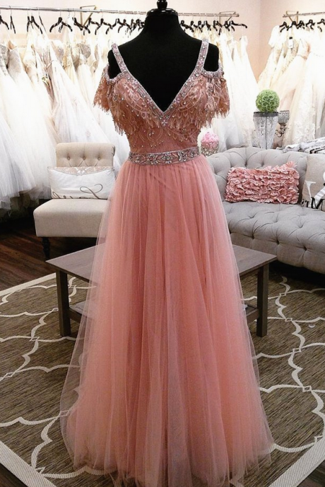 Prom Dresses ,elegant Off The Shoulder Long Tulle Pink Prom Dresses Evening Gowns