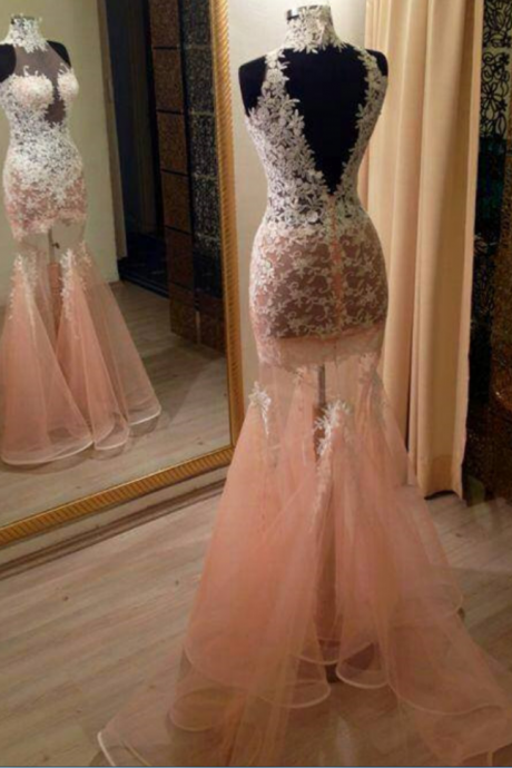 Open Back Prom Dresses, Tulle Prom Dresses, Lace Appliques Party Dresses, Mermaid Prom Dresses