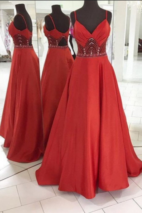 Red Prom Dresses Spaghetti Straps Crystal A-line Satin