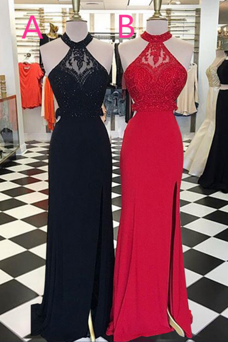 Pretty Black And Red Long Prom Dresses,high Neckline Prom Dress,beautiful Evening Dresse