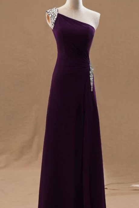 Pretty Chiffon One Shoulder Beaded Long Slit Prom Dresses, Prom Dresses , Purple Evening Gowns