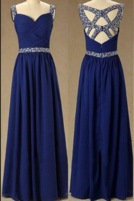 Beautiful Royal Blue Chiffon Handmade Prom Dress With Sequins, Prom Dresses , Party Dresses, Evening Dresses