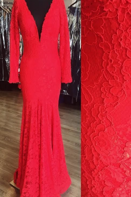 V Neck Red Lace Prom Dresses Wedding Party Dresses Formal Dresses Sweet 16 Dresses Banquet Dresses With Long Sleeves