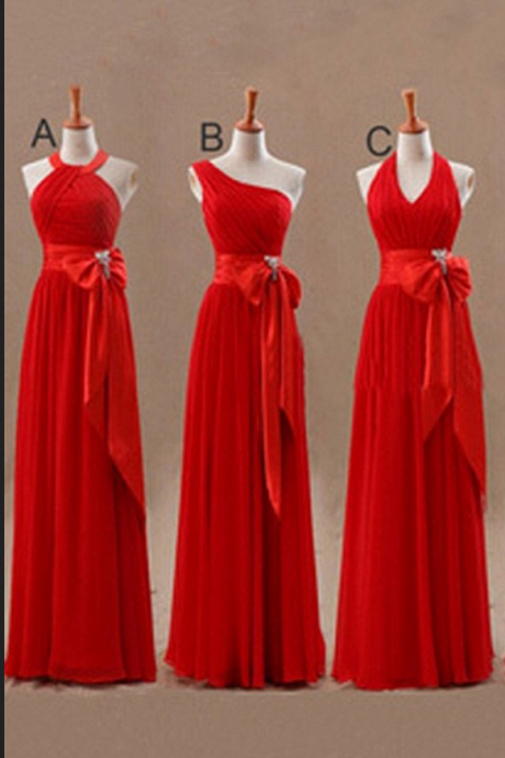  Mismatched Junior Chiffon Red Long A Line Formal Cheap Maxi Bridesmaid Dresses with Bow