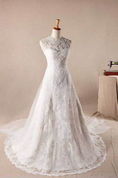 Elegant Re-embroidery Lace Decorate Neckline A-line Wedding Wedding Dress Bridal Dress Gown Wedding Gown Bridal Gown Lace Bridal Dress