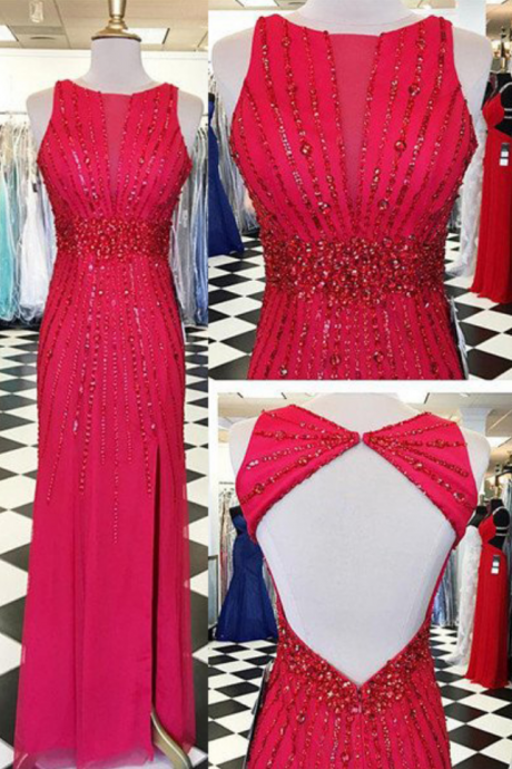 Red Prom Dresses Round Neck Beading Floor-length Sheath Chiffon Prom Gowns,prom Dresses , Prom Dresses, Long Prom Dress