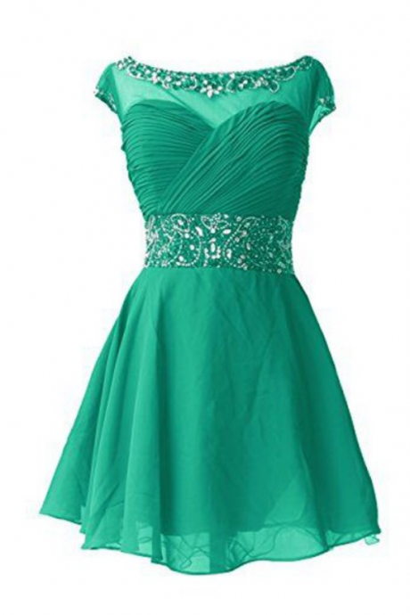 Capped Sleeves Green Homecoming Dresses A-Line/Column Beadings Above-Knee Round Neck Zippers A-Line/Column