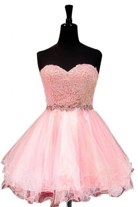 Pink Homecoming Dresses Zipper-up Sleeveless Beaded Above Knee Sweetheart Neckline A-line/column