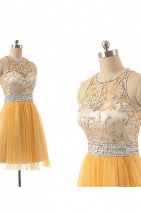 Daffodil Homecoming Dresses Zippers Sleeveless Crystal Beads Ruffle Knee-length Scoop A Lines
