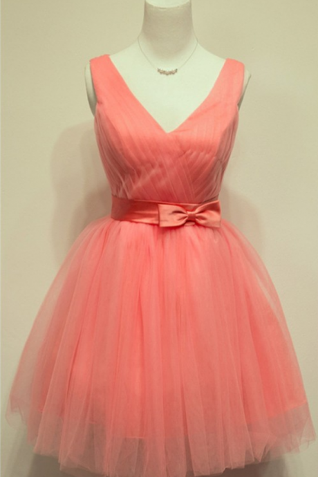 Watermelon Homecoming Dresses Sleeveless Aline V Neck Lace-Up Above-Knee Bow