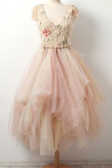 Same As The Picture Tulle Homecoming Dresses Cap Sleeve A Lines V Neck Zippers Short Hand-made Flower