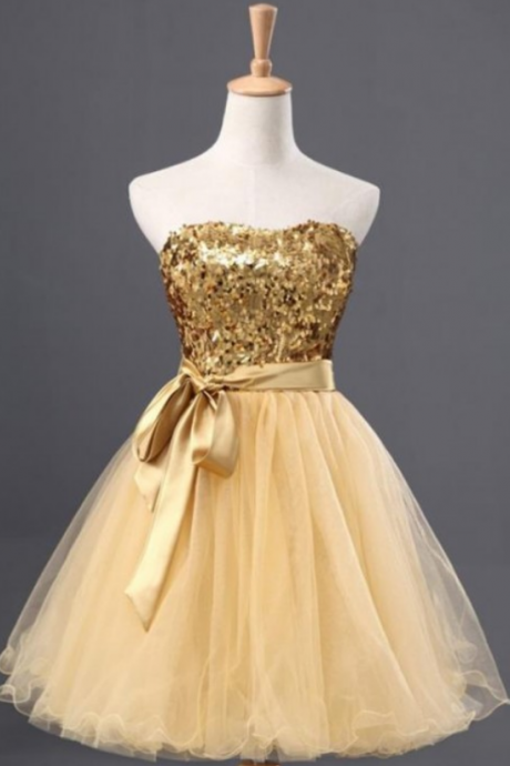 Golden Homecoming Dresses Hollow Sleeveless Sequins Above-knee Sweetheart Neckline A-line/column