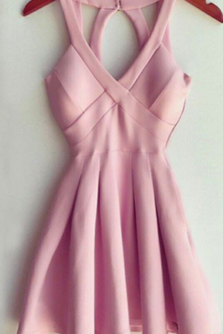 Stylish A-line Deep V Neck Short Mini Pink Satin Homecoming Dress With Keyhole Back
