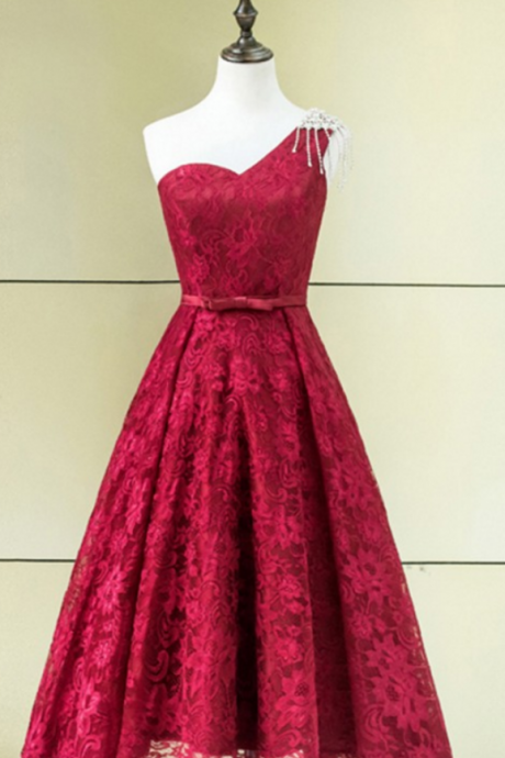 Dressv red A-line one shoulder lace homecoming dress sleeveless Tea-length embroidery lace up homecoming dress&graduation dress