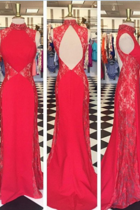 Red Keyhole Back Lace Satin Prom Dresses
