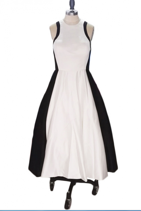 Tea Length Homecoming Dresses Halter Satin Jewel Neckline Short Prom Dresses --white And Black Maxi Dresses,short Party Dresses
