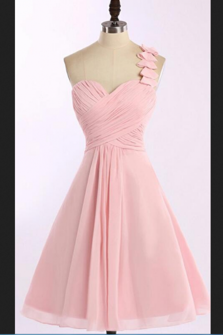 Sweet One Shoulder Pink Homecoming Dresses, Short Chiffon Pink Bridesmaid Dresses, Prom Dresses
