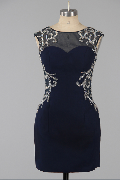 Dark Navy Column Illusion Neck Homecoming Dresses, Sexy Open Back Homecoming Dresses, Silk-like Satin Homecoming Dress With Sparkle Beads,