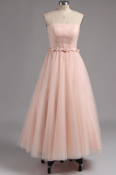 Strapless Homecoming Dress In Tea Length With Pleats, Princess Lace-up Homecoming Dress With Bowknot, Elegant Pink Tulle Homecoming Dress,