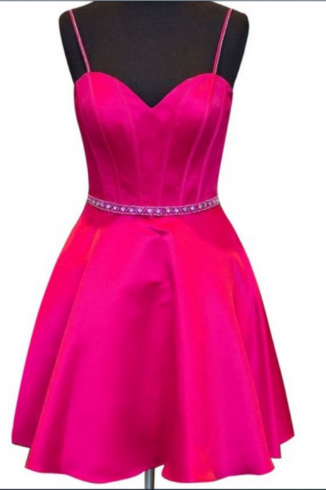 Pink Satin Homecoming Dress,sweetheart Beading Spaghetti Strap Prom Dress