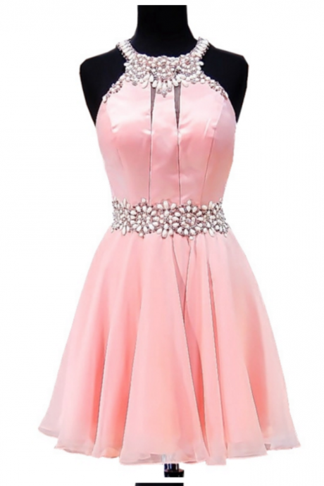 Real Picture Short Pink Homecoming Dress A-line Beaded Crystals Junior Chiffon Party 8th Grade Prom Dresses