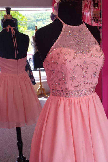Chic Beaded Halter Pink Chiffon Homecoming Dresses,fashion Homecoming Dress,sexy Party Dress